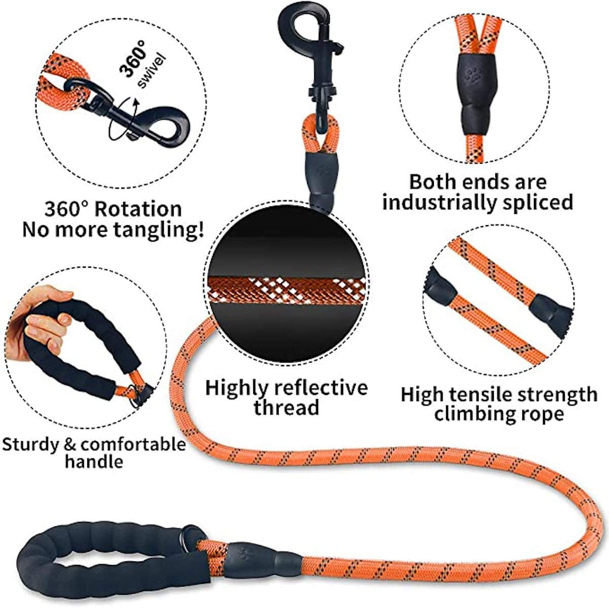 6 FT Thick Highly Reflective Dog Leash- Orange