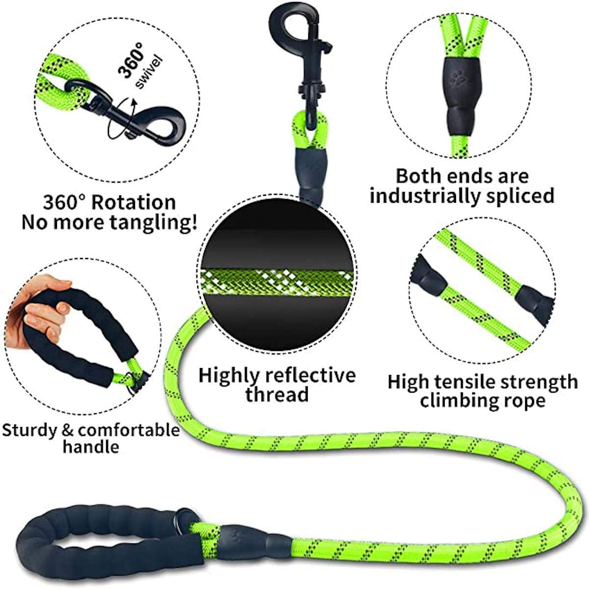 6 FT Thick Highly Reflective Dog Leash- Green